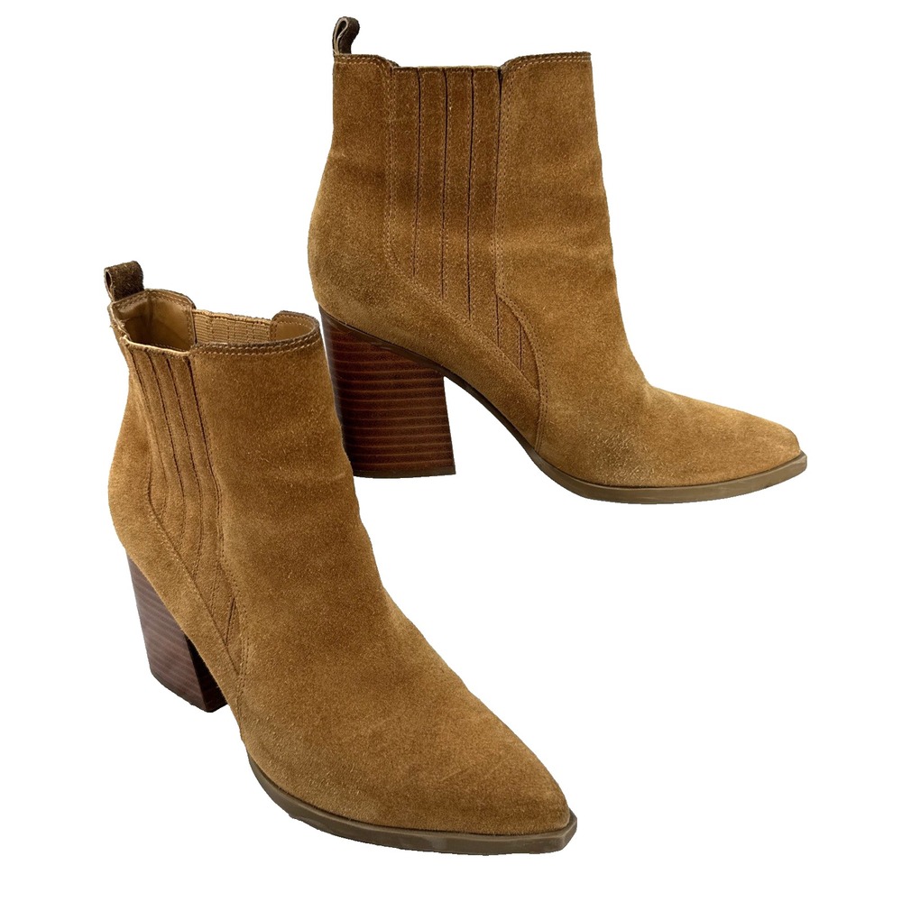 Marc Fisher Alva Chelsea Ankle Boots Size 7.5 Camel Brown Suede Block Heel